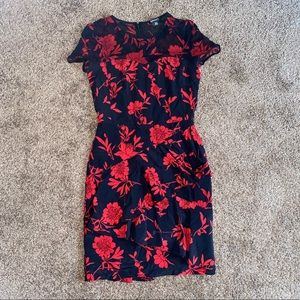 DKNY Red Floral Silk Ruffle Dress